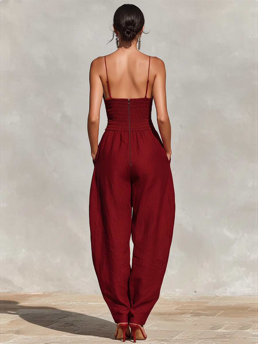 Women’s Red Linen Jumpsuit – Spaghetti Strap High-Waist Pleated Pants