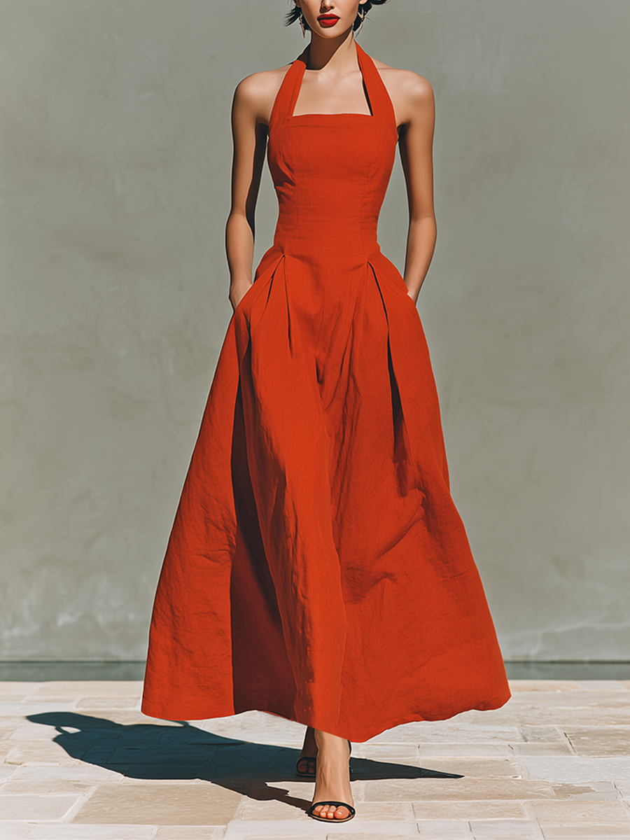 Women’s Red Linen Halter Neck Pleated Maxi Dress – Timeless Elegant Resort Style