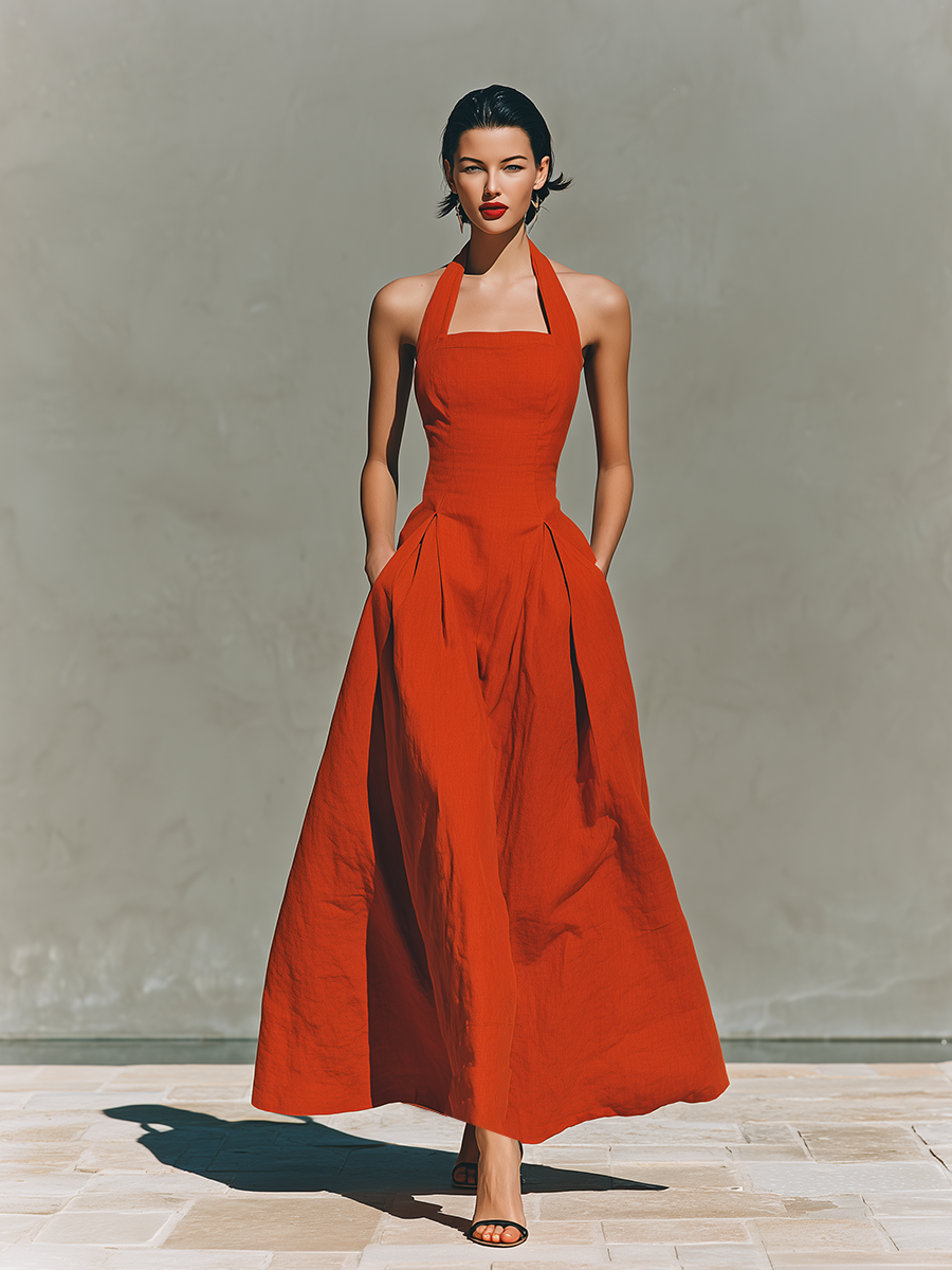 Women’s Red Linen Halter Neck Pleated Maxi Dress – Timeless Elegant Resort Style