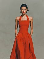 Women’s Red Linen Halter Neck Pleated Maxi Dress – Timeless Elegant Resort Style
