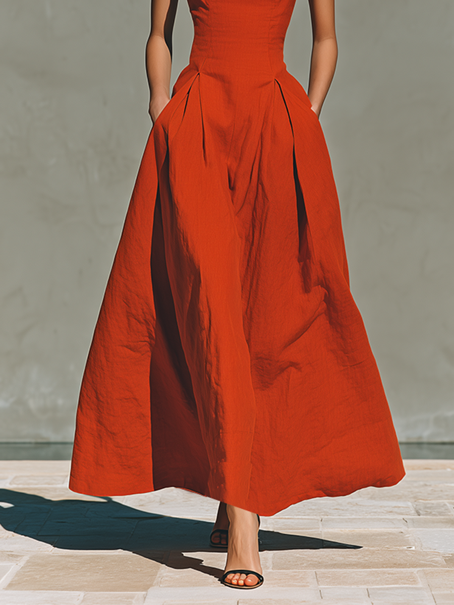 Women’s Red Linen Halter Neck Pleated Maxi Dress – Timeless Elegant Resort Style