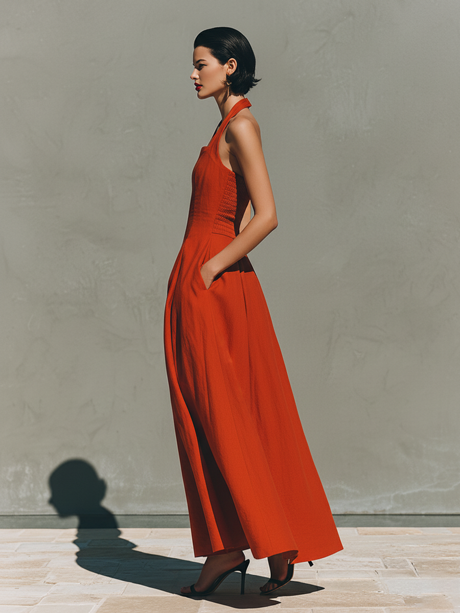 Women’s Red Linen Halter Neck Pleated Maxi Dress – Timeless Elegant Resort Style