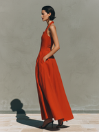 Women’s Red Linen Halter Neck Pleated Maxi Dress – Timeless Elegant Resort Style