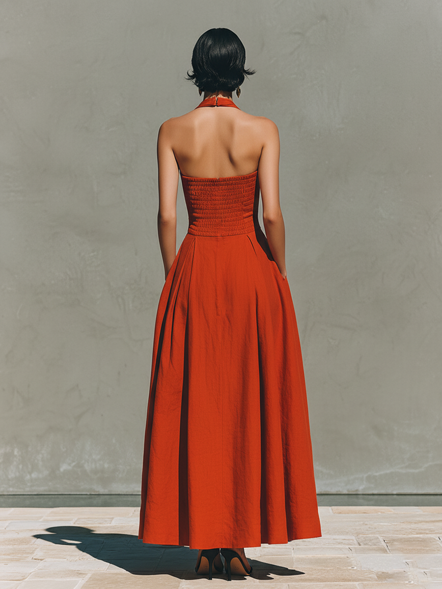 Women’s Red Linen Halter Neck Pleated Maxi Dress – Timeless Elegant Resort Style