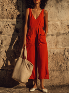 Women’s Red Linen V Neck Cropped Jumpsuit Wide Leg Relaxed Fit Short Sleeve Vacation Outfit Minimalist Summer Beach Casual Outfit with Pockets