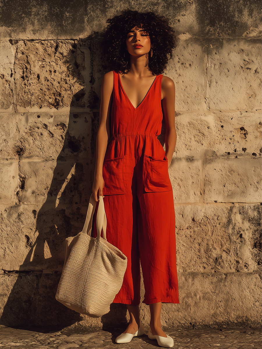 Women’s Red Linen V Neck Cropped Jumpsuit Wide Leg Relaxed Fit Short Sleeve Vacation Outfit Minimalist Summer Beach Casual Outfit with Pockets