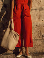 Women’s Red Linen V Neck Cropped Jumpsuit Wide Leg Relaxed Fit Short Sleeve Vacation Outfit Minimalist Summer Beach Casual Outfit with Pockets