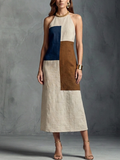 Women’s Retro Color Block Cotton Linen Maxi Dress Beige Blue Brown Geometric Patchwork Halter Neck Sleeveless Long Summer Vacation Elegant Artistic Dress