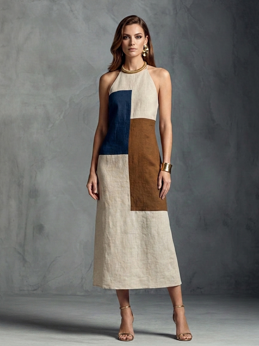 Women’s Retro Color Block Cotton Linen Maxi Dress Beige Blue Brown Geometric Patchwork Halter Neck Sleeveless Long Summer Vacation Elegant Artistic Dress