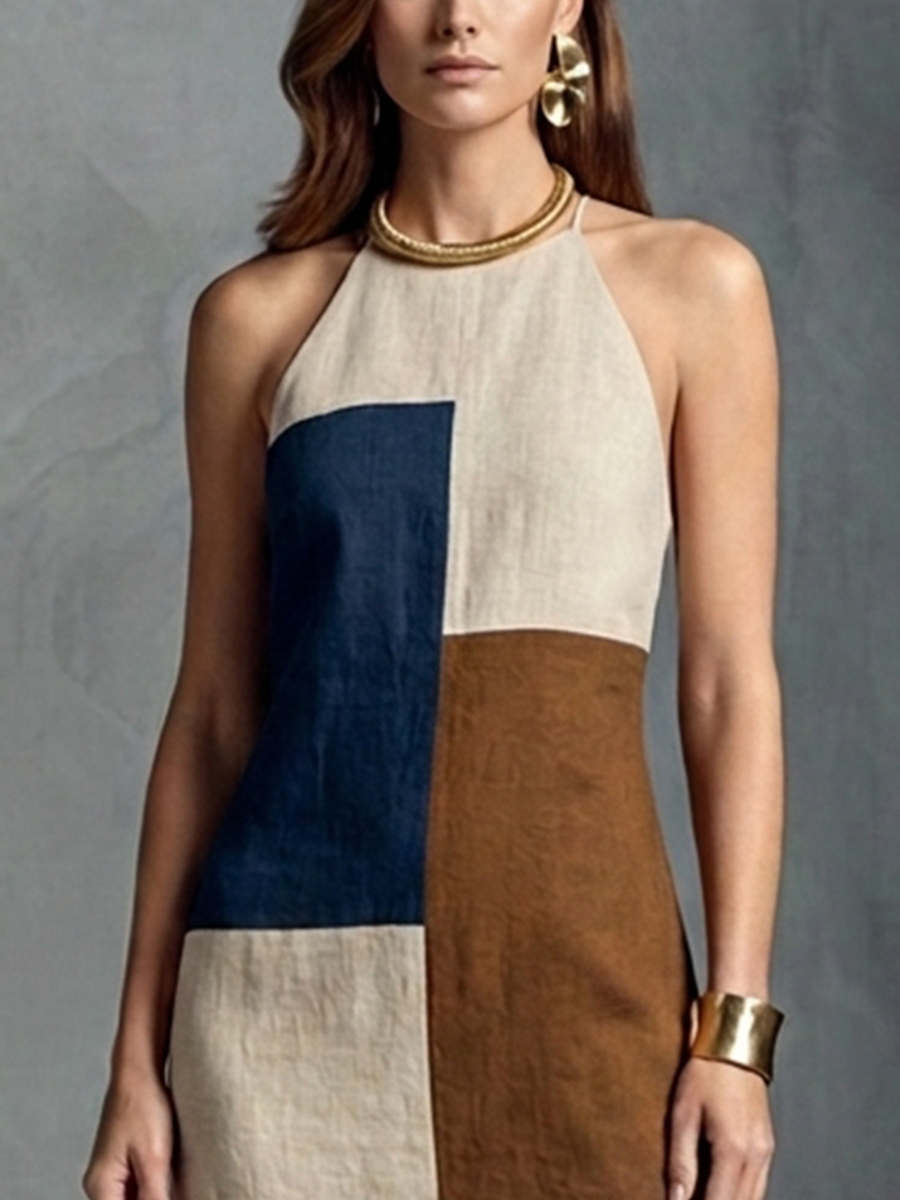 Women’s Retro Color Block Cotton Linen Maxi Dress Beige Blue Brown Geometric Patchwork Halter Neck Sleeveless Long Summer Vacation Elegant Artistic Dress