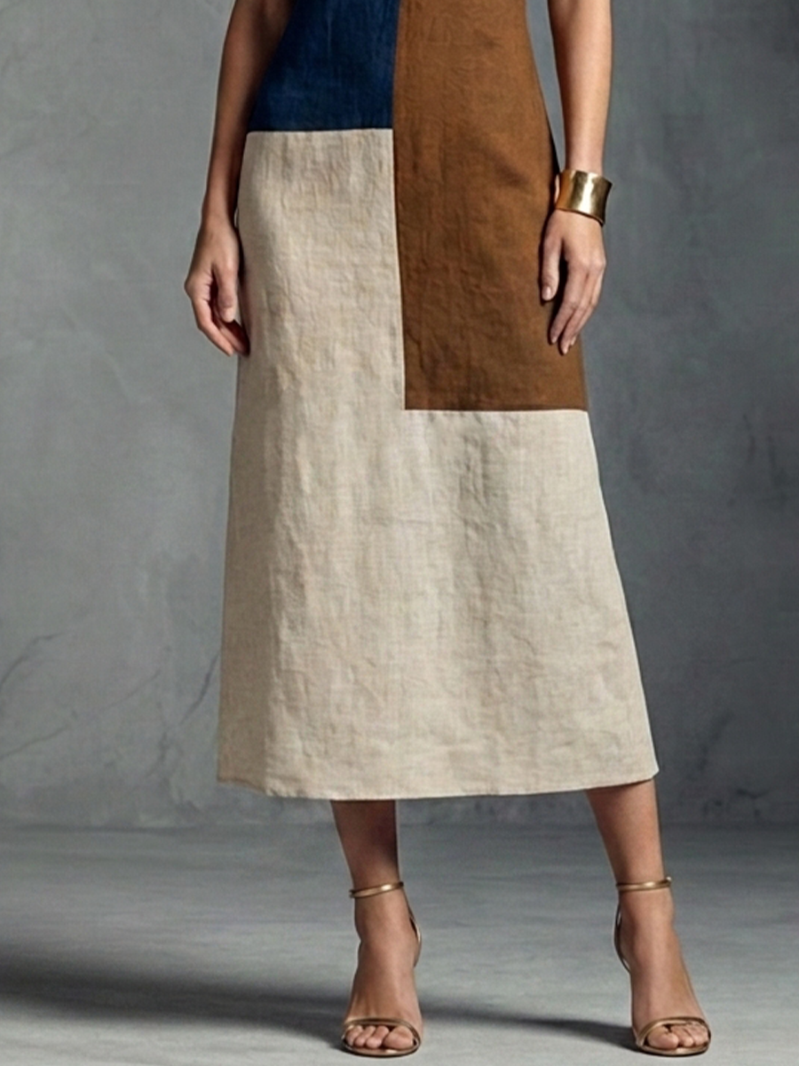 Women’s Retro Color Block Cotton Linen Maxi Dress Beige Blue Brown Geometric Patchwork Halter Neck Sleeveless Long Summer Vacation Elegant Artistic Dress