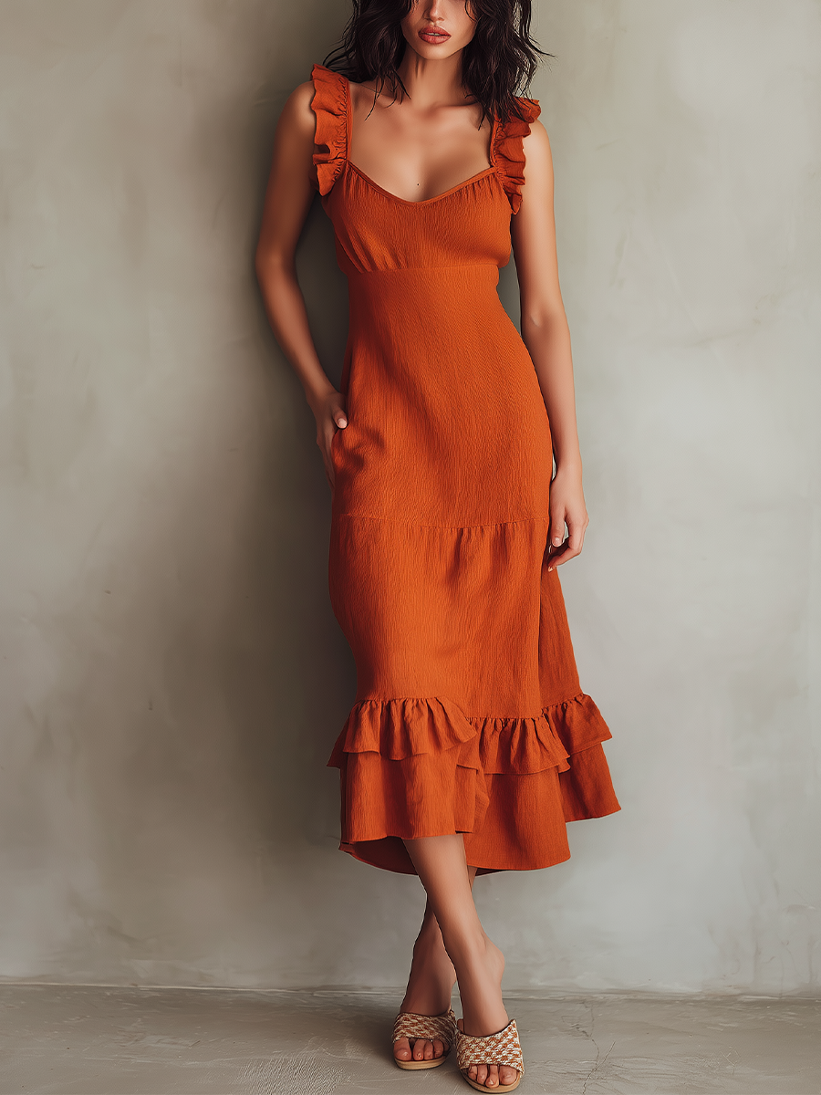 Women’s Rust Orange Tiered Midi Dress — Cotton Blend Ruffle Strap Dress with Pockets, Casual Boho Chic