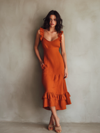 Women’s Rust Orange Tiered Midi Dress — Cotton Blend Ruffle Strap Dress with Pockets, Casual Boho Chic