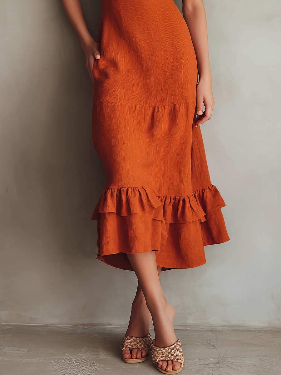 Women’s Rust Orange Tiered Midi Dress — Cotton Blend Ruffle Strap Dress with Pockets, Casual Boho Chic
