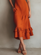 Women’s Rust Orange Tiered Midi Dress — Cotton Blend Ruffle Strap Dress with Pockets, Casual Boho Chic
