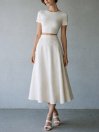 Women’s White Cotton-Blend Two-Piece Set — Back Tie Knit Top & Embroidered Midi Skirt, Elegant Feminine Outfit