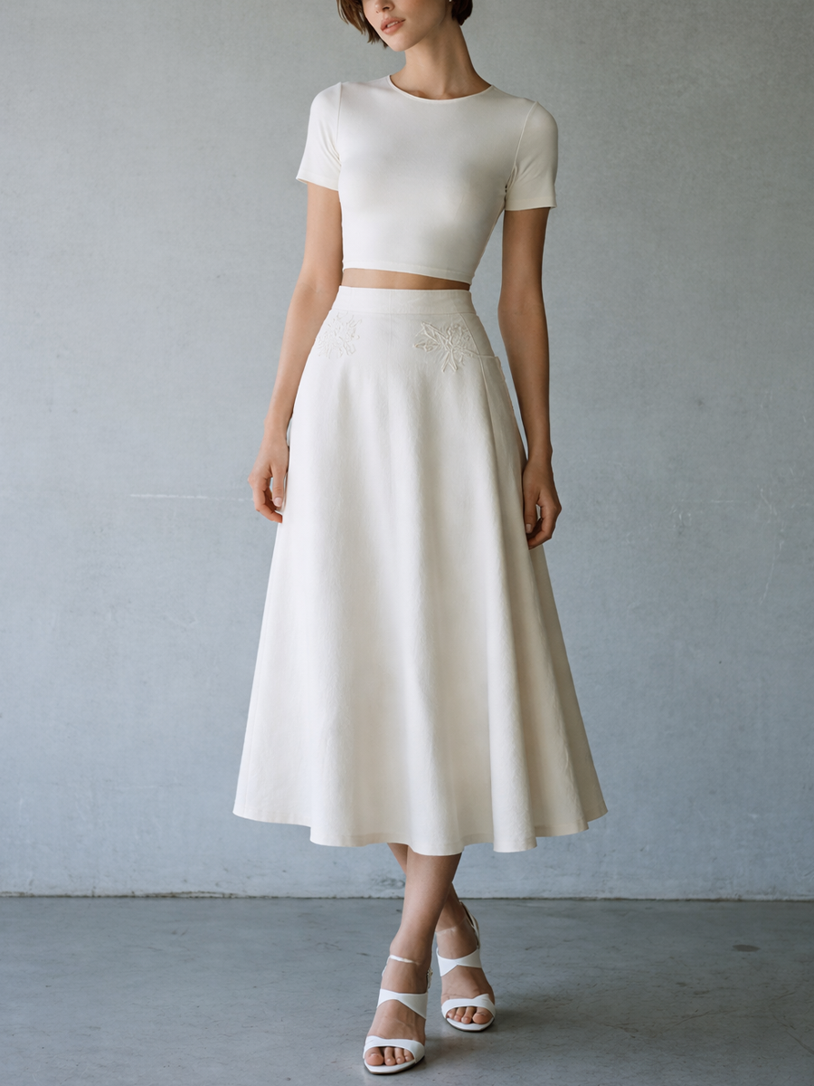 Women’s White Cotton-Blend Two-Piece Set — Back Tie Knit Top & Embroidered Midi Skirt, Elegant Feminine Outfit