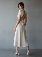 Women’s White Cotton-Blend Two-Piece Set — Back Tie Knit Top & Embroidered Midi Skirt, Elegant Feminine Outfit