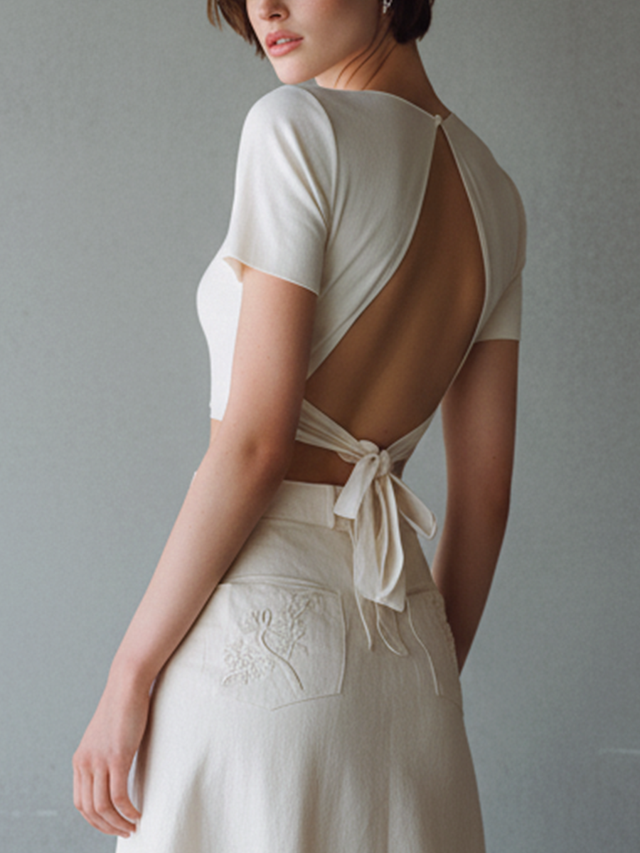 Women’s White Cotton-Blend Two-Piece Set — Back Tie Knit Top & Embroidered Midi Skirt, Elegant Feminine Outfit