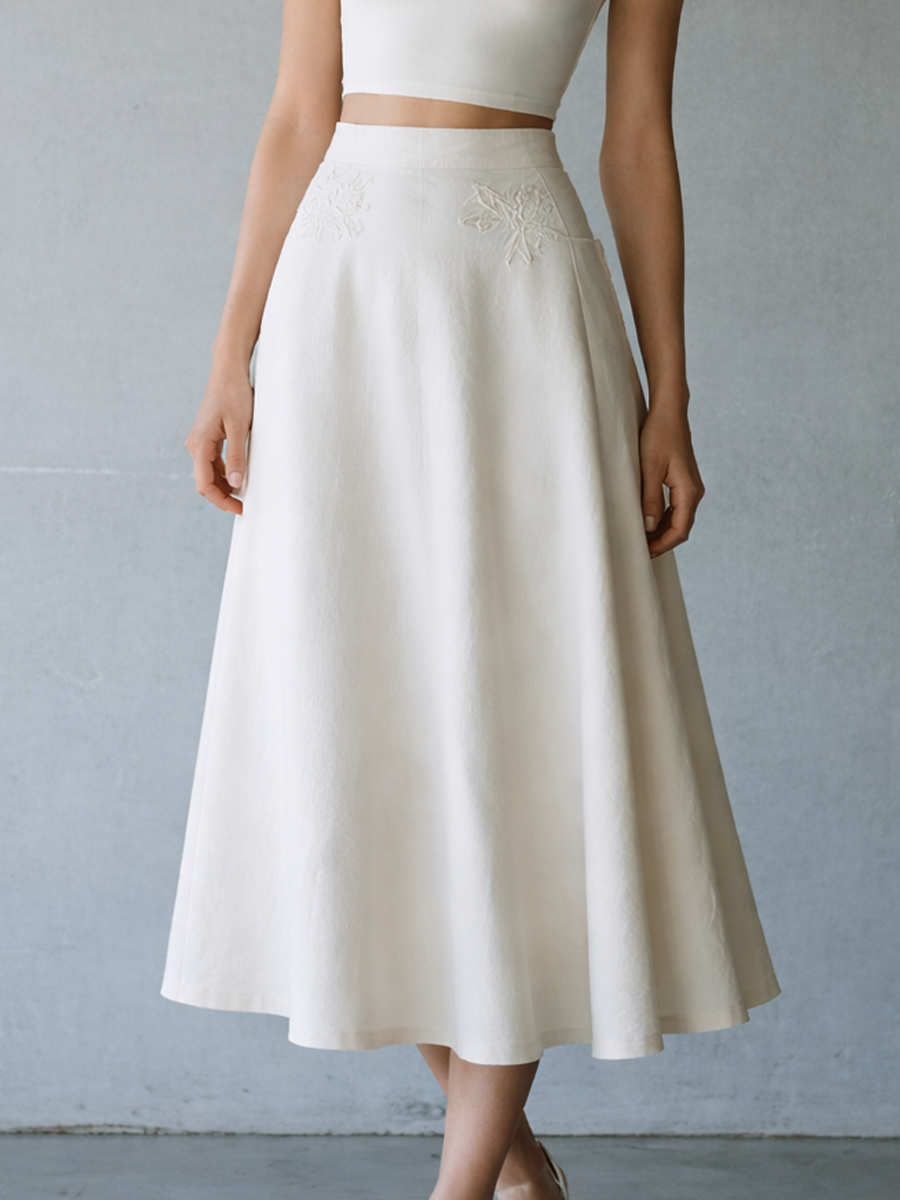 Women’s White Cotton-Blend Two-Piece Set — Back Tie Knit Top & Embroidered Midi Skirt, Elegant Feminine Outfit