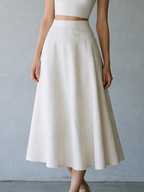 Women’s White Cotton-Blend Two-Piece Set — Back Tie Knit Top & Embroidered Midi Skirt, Elegant Feminine Outfit