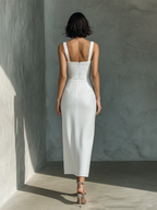 Women’s White Cotton Linen Square Neck Sleeveless Midi Dress – Elegant Summer Slim Fit Vacation Dress