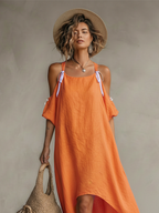 Women’s Tangerine Linen Cold-Shoulder High-Low Hem Dress – Boho Resort Elegance
