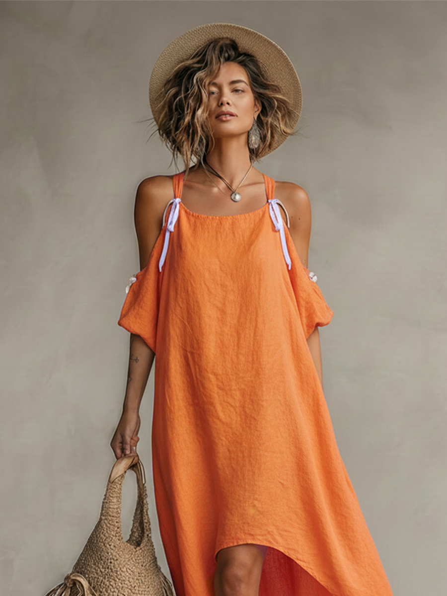 Women’s Tangerine Linen Cold-Shoulder High-Low Hem Dress – Boho Resort Elegance