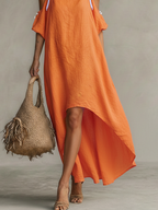 Women’s Tangerine Linen Cold-Shoulder High-Low Hem Dress – Boho Resort Elegance
