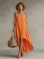 Women’s Tangerine Linen Cold-Shoulder High-Low Hem Dress – Boho Resort Elegance