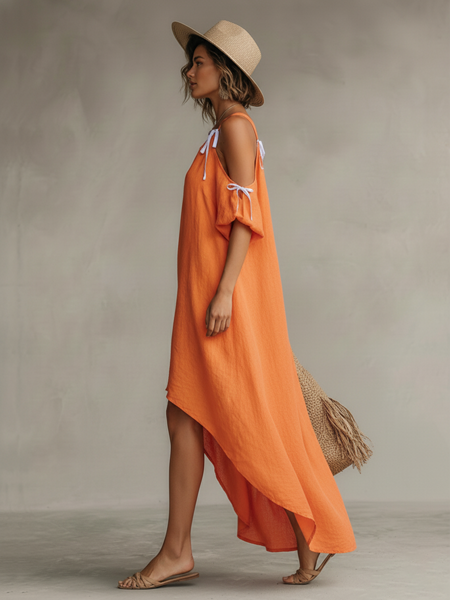 Women’s Tangerine Linen Cold-Shoulder High-Low Hem Dress – Boho Resort Elegance