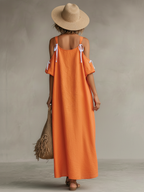 Women’s Tangerine Linen Cold-Shoulder High-Low Hem Dress – Boho Resort Elegance