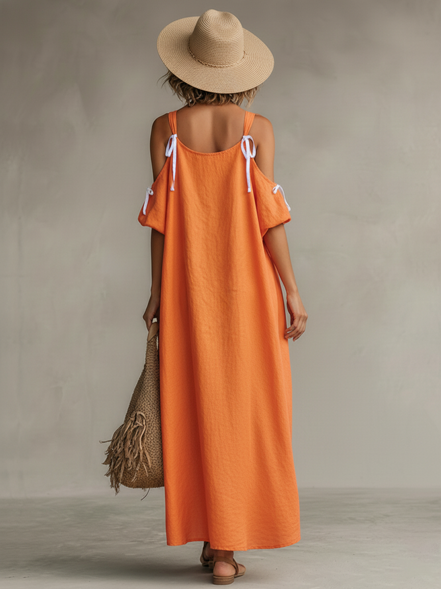Women’s Tangerine Linen Cold-Shoulder High-Low Hem Dress – Boho Resort Elegance
