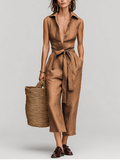 Women’s Tobacco Brown Linen-Tencel Jumpsuit with Self-Tie Waist & Collared V-Neck – Resort Casual Style