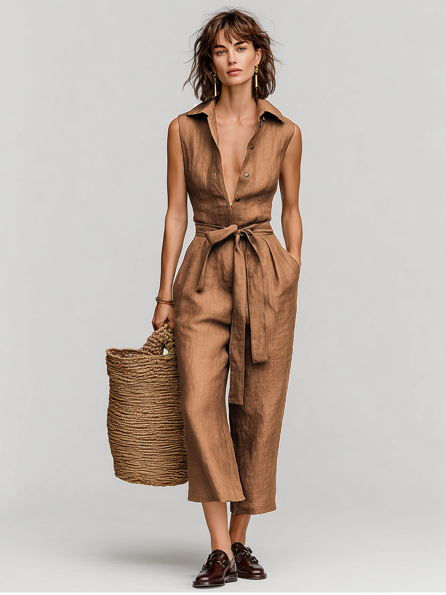 Women’s Tobacco Brown Linen-Tencel Jumpsuit with Self-Tie Waist & Collared V-Neck – Resort Casual Elegance