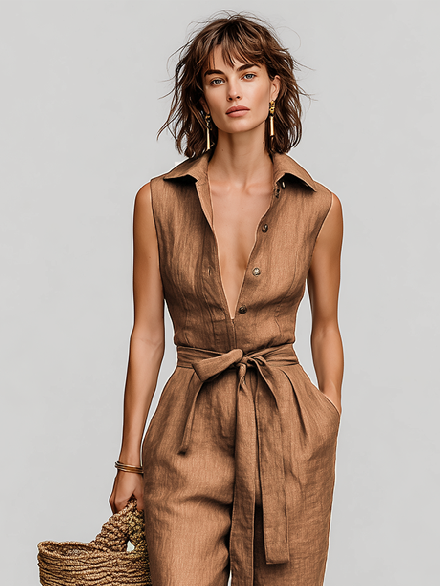 Women’s Tobacco Brown Linen-Tencel Jumpsuit with Self-Tie Waist & Collared V-Neck – Resort Casual Elegance