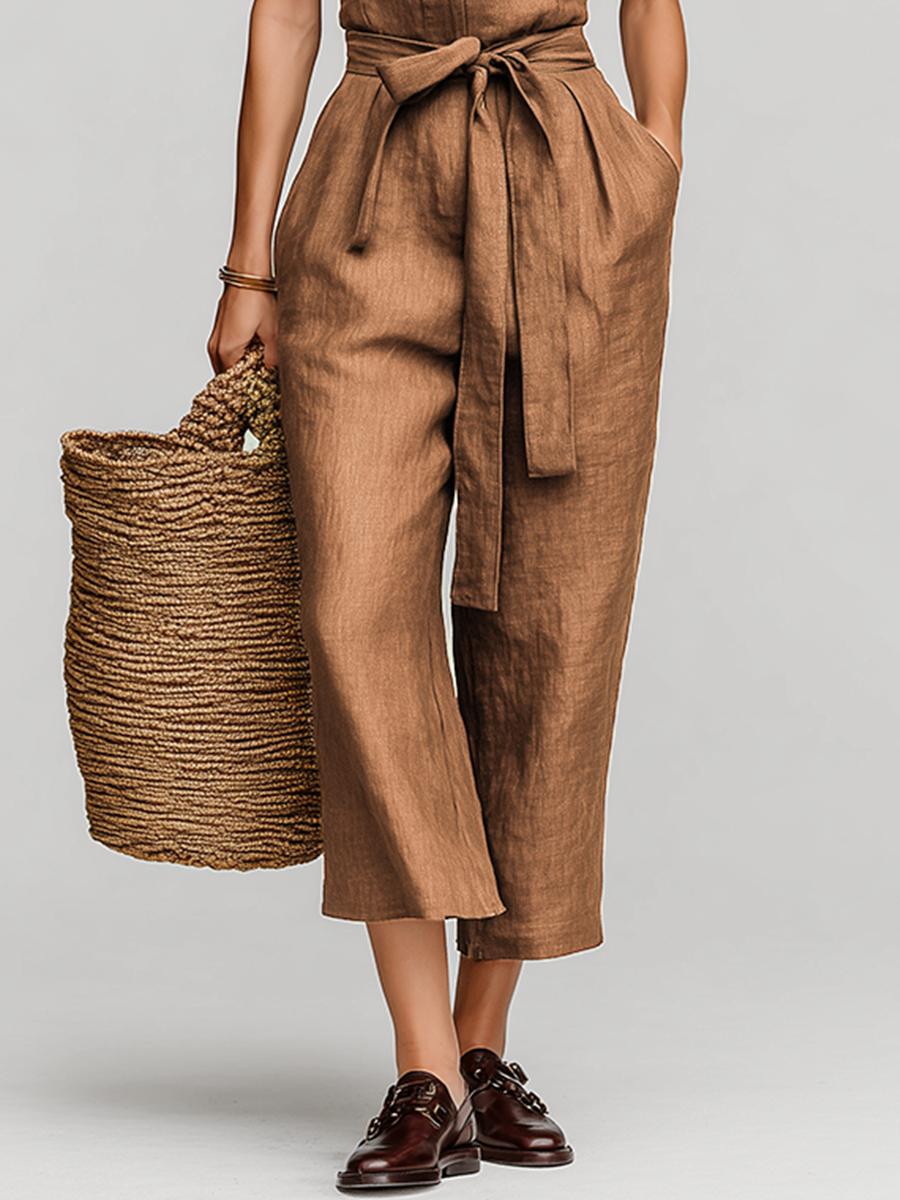 Women’s Tobacco Brown Linen-Tencel Jumpsuit with Self-Tie Waist & Collared V-Neck – Resort Casual Style