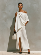 Women’s White Linen One-Shoulder Two-Piece Set — Knot Detail Front Slit Maxi Resort Outfit, Minimalist Elegant Style
