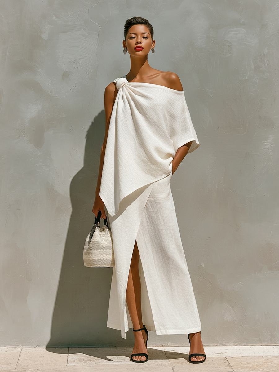 Women’s White Linen One-Shoulder Two-Piece Set — Knot Detail Front Slit Maxi Resort Outfit, Minimalist Elegant Style