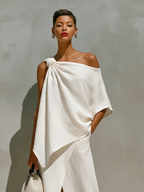 Women’s White Linen One-Shoulder Two-Piece Set — Knot Detail Front Slit Maxi Resort Outfit, Minimalist Elegant Style