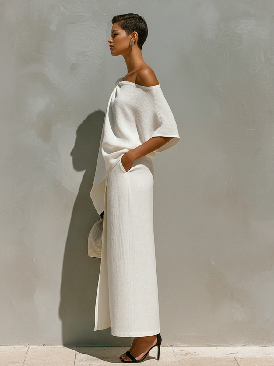 Women’s White Linen One-Shoulder Two-Piece Set — Knot Detail Front Slit Maxi Resort Outfit, Minimalist Elegant Style