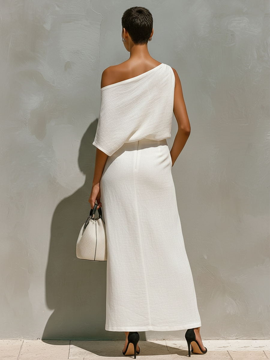Women’s White Linen One-Shoulder Two-Piece Set — Knot Detail Front Slit Maxi Resort Outfit, Minimalist Elegant Style