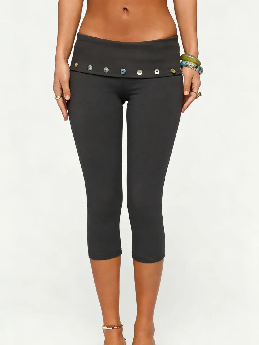 Black Capri Leggings with Fold-Over Button Embellished Waistband | Women's Boho Stretch Capris