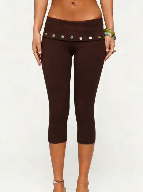 Black Capri Leggings with Fold-Over Button Embellished Waistband | Women's Boho Stretch Capris