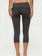 Black Capri Leggings with Fold-Over Button Embellished Waistband | Women's Boho Stretch Capris