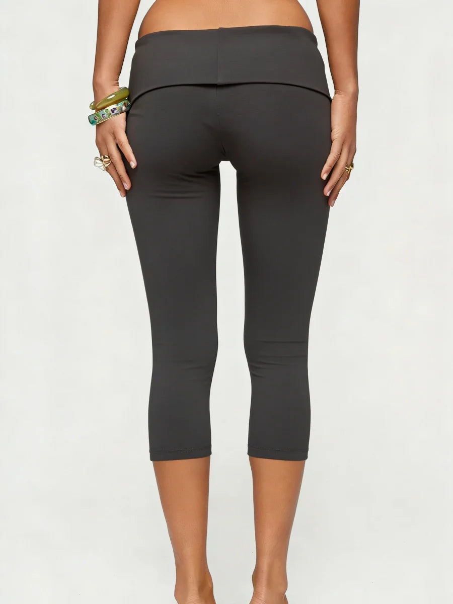 Black Capri Leggings with Fold-Over Button Embellished Waistband | Women's Boho Stretch Capris
