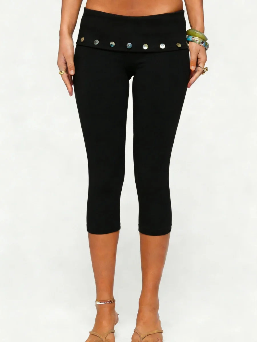 Black Capri Leggings with Fold-Over Button Embellished Waistband | Women's Boho Stretch Capris