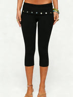 Black Capri Leggings with Fold-Over Button Embellished Waistband | Women's Boho Stretch Capris