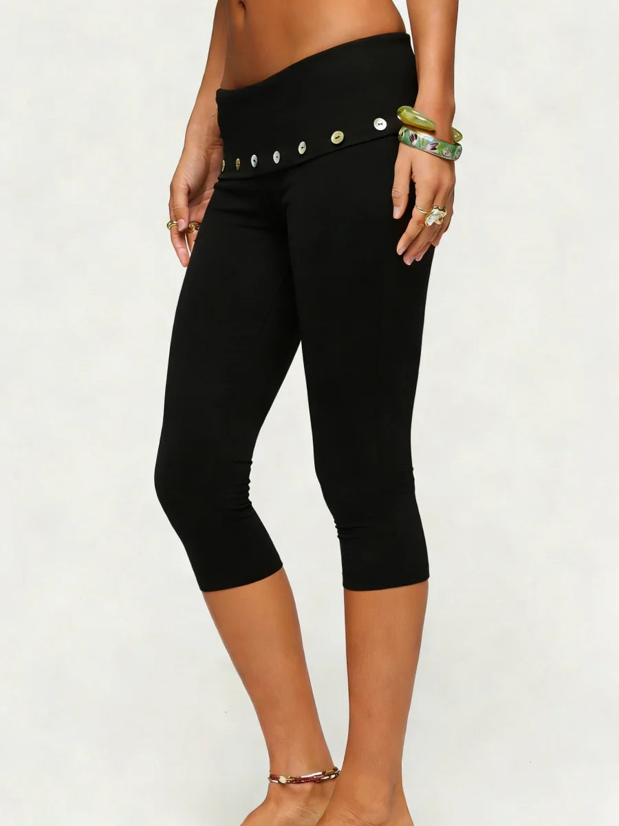 Black Capri Leggings with Fold-Over Button Embellished Waistband | Women's Boho Stretch Capris