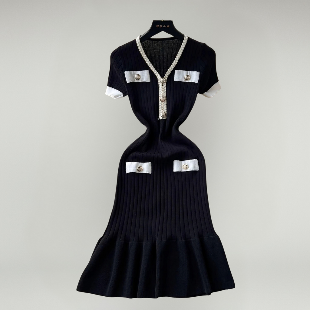 Women’s V-Neck Ribbed Knit Bodycon Sweater Dress with Button Detail – Elegant Party & Evening Dress